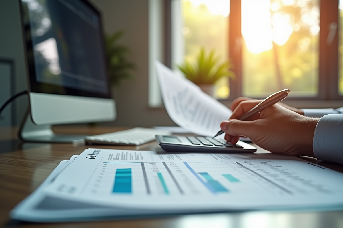 Personne examinant des relevés financiers mensuels à un bureau moderne
