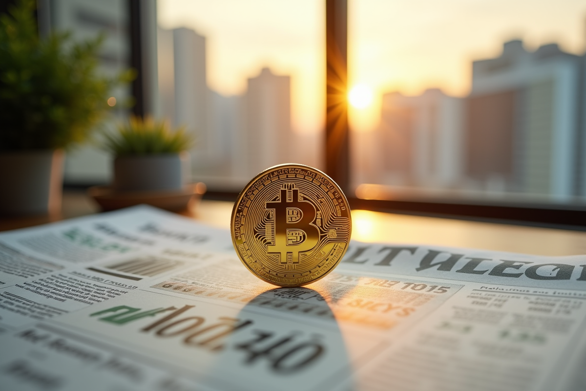 Pièce de bitcoin dorée sur un journal financier avec vue matinale