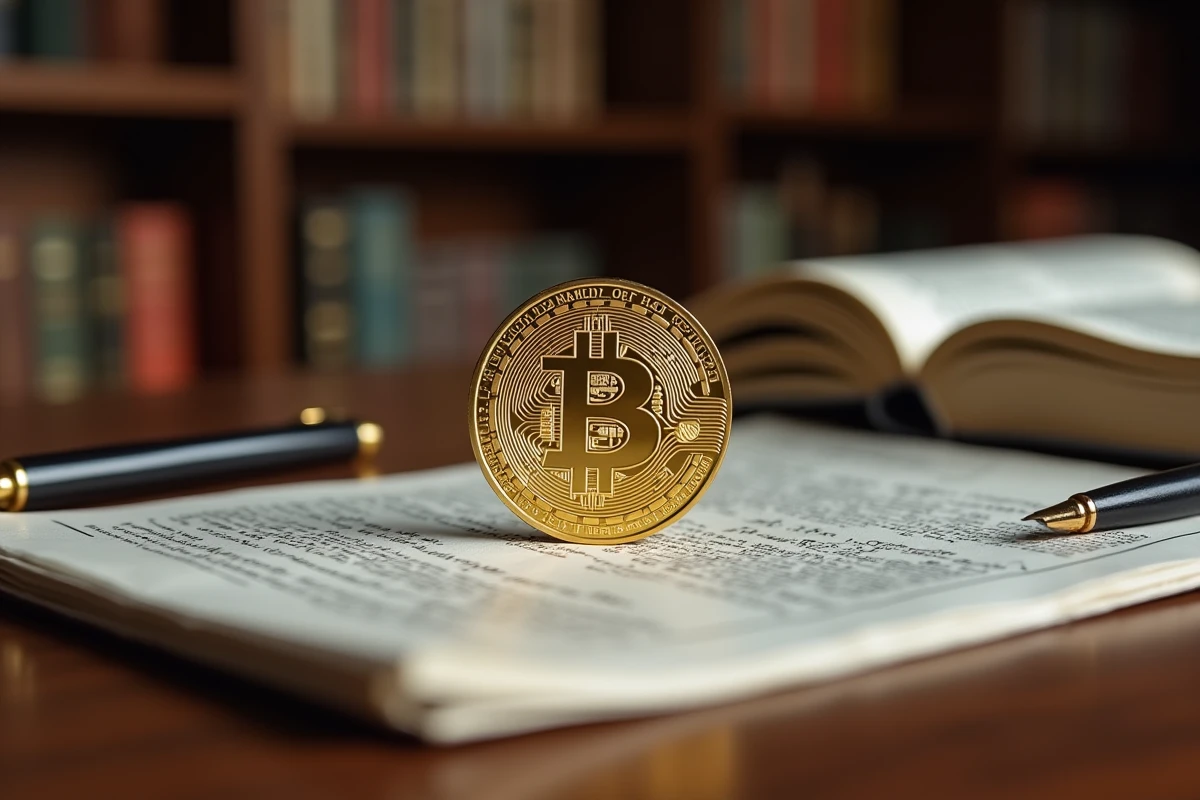 Pièce Bitcoin dorée posée sur un journal financier avec notes d'investissement manuscrites sur une table en bois