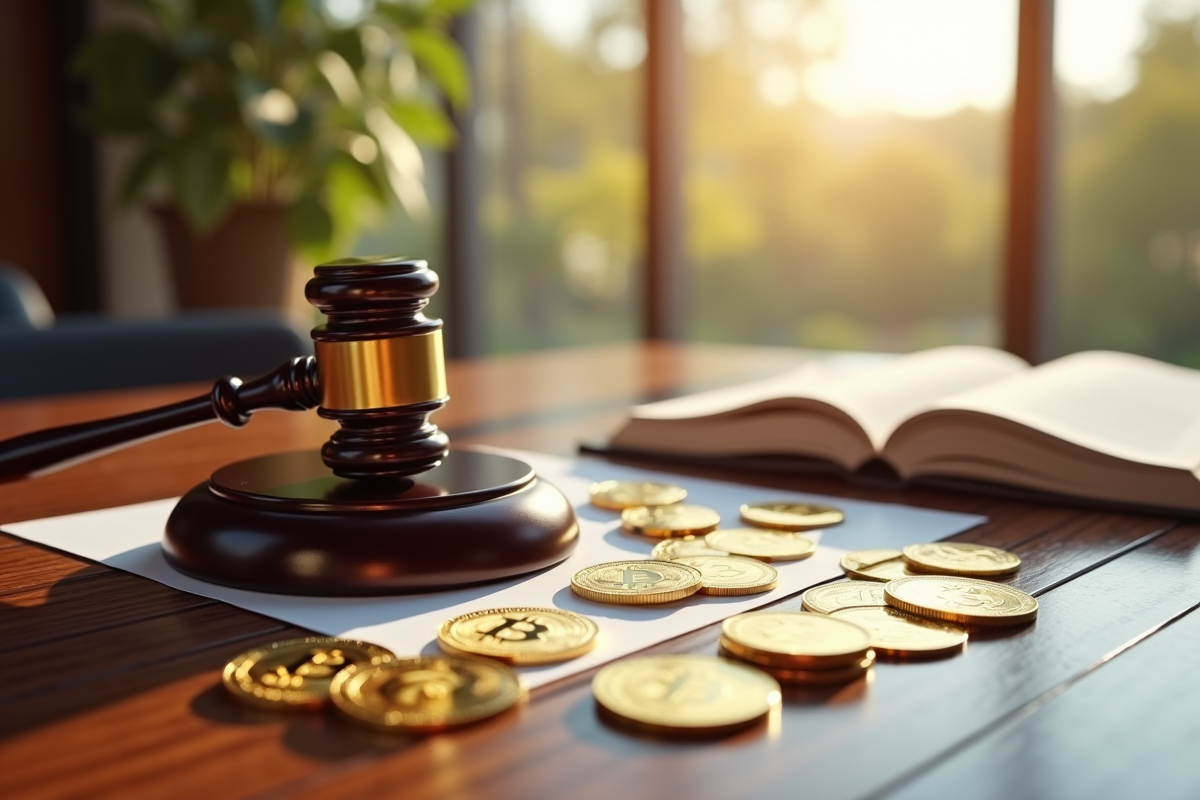Gavel or et pièces de bitcoin sur un bureau en bois