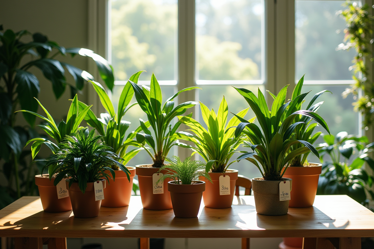 Plantes exotiques rares sur une table en bois lumineuse