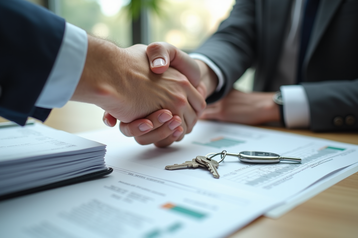 Poignee de mains sur documents financiers et clés de maison