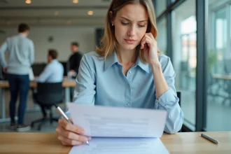 Jeune femme signant son premier contrat de travail dans un bureau moderne en Suisse