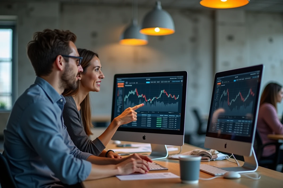 Deux collègues explorant ensemble le tableau de bord Inaxa Courtage dans un espace de coworking professionnel