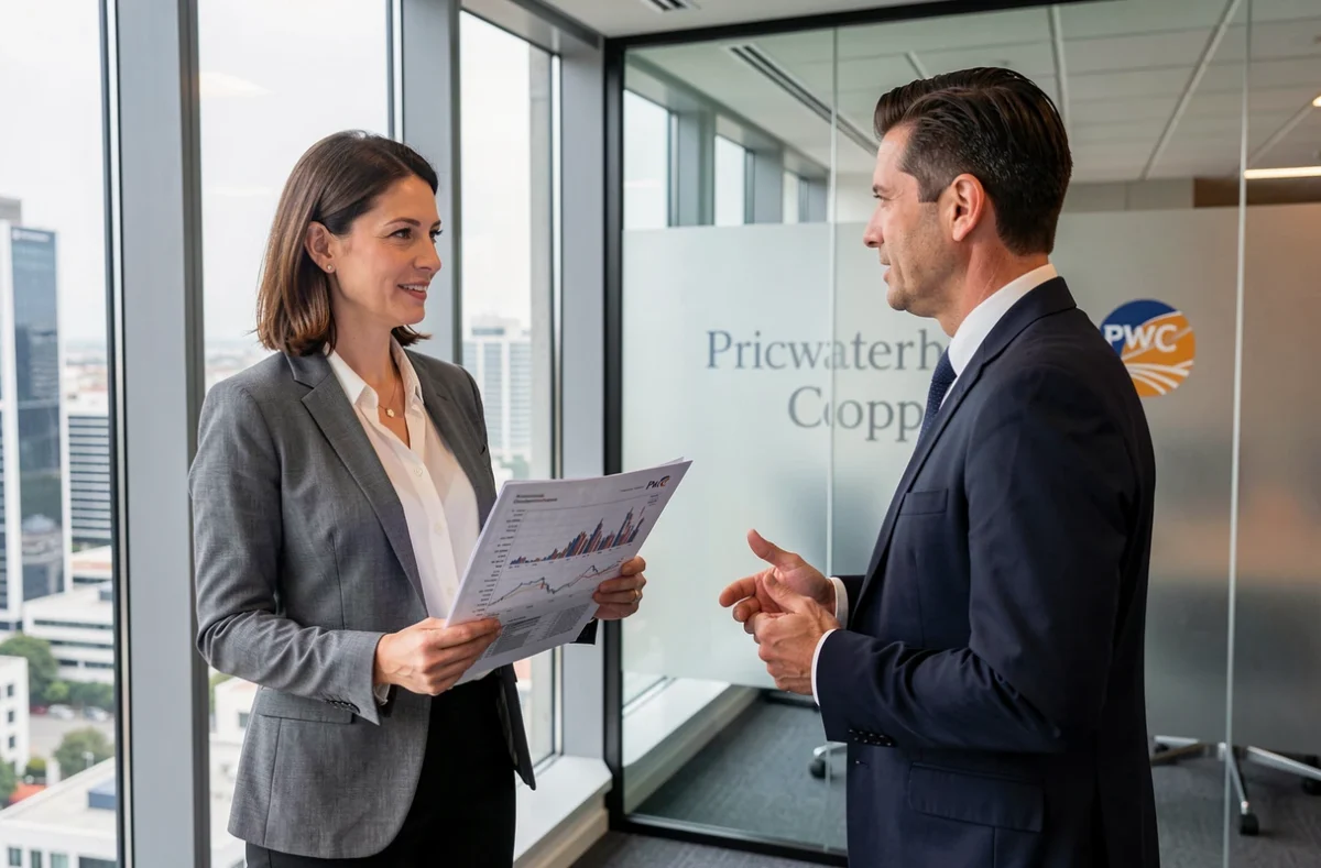 Consultants de PricewaterhouseCoopers Marseille en réunion autour d'un rapport financier