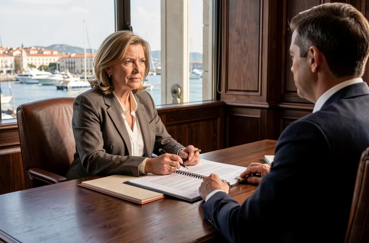 Consultante senior de PricewaterhouseCoopers Marseille présentant un rapport fiscal à un client dans un bureau avec vue sur le Vieux-Port
