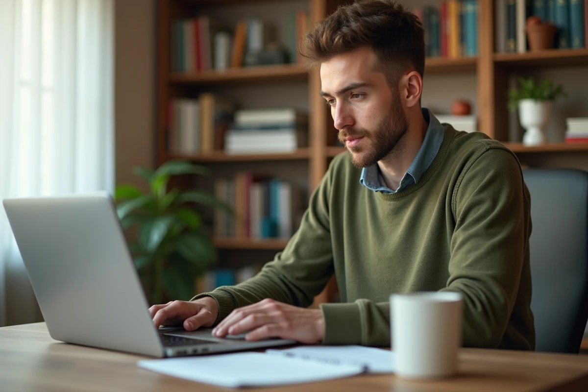 Jeune professeur vérifiant son calendrier de paye 2026 sur un ordinateur portable à domicile