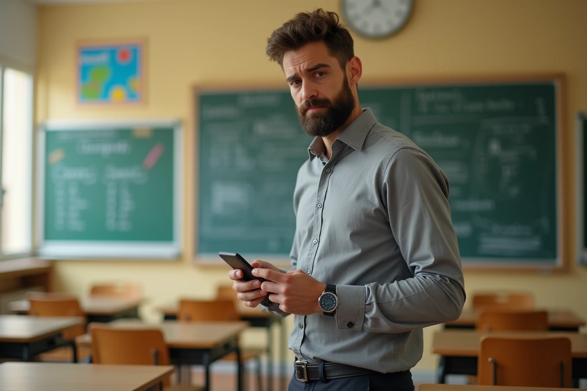 Professeur des écoles debout dans une classe vide consultant un calcul de salaire sur smartphone