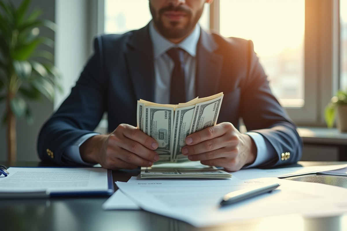 Personne en costume plaçant des billets et documents