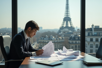 Un professionnel dans un bureau moderne à Paris étudie des documents fiscaux