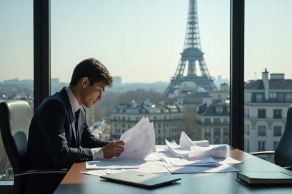 Un professionnel dans un bureau moderne à Paris étudie des documents fiscaux