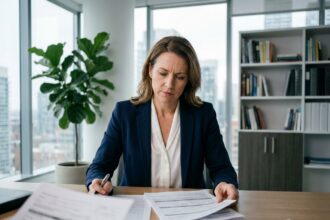 Professionnelle en assurance RC Pro examinant des contrats dans un bureau moderne