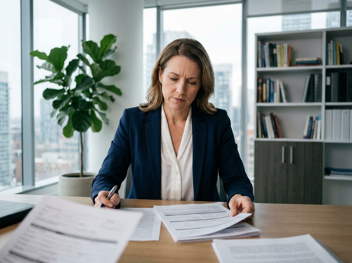 Professionnelle en assurance RC Pro examinant des contrats dans un bureau moderne