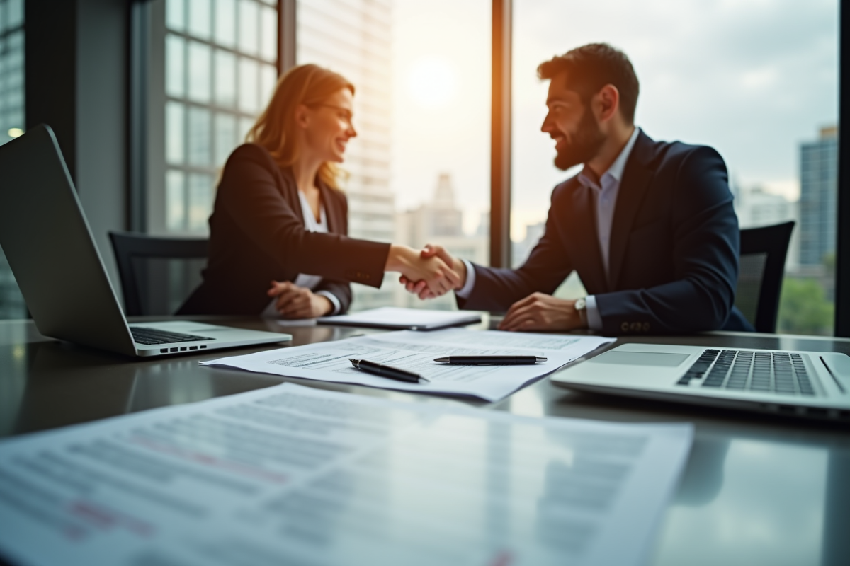 Deux professionnels d'assurance se serrant la main sur un contrat