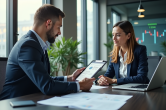 Deux professionnels en bureau moderne vérifiant un transfert bancaire