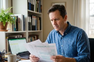 Propriétaire immobilier analysant des documents fiscaux liés au déficit foncier dans son bureau à domicile