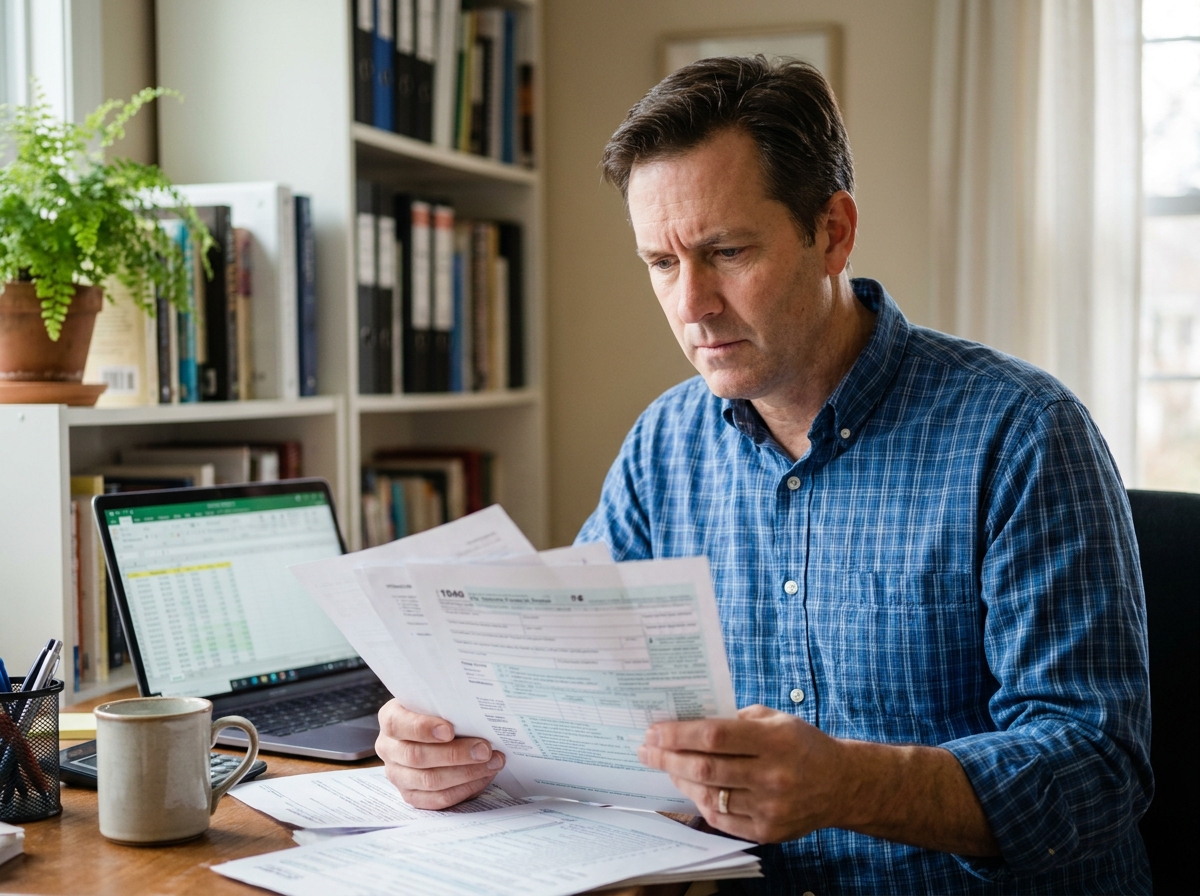 Propriétaire immobilier analysant des documents fiscaux liés au déficit foncier dans son bureau à domicile