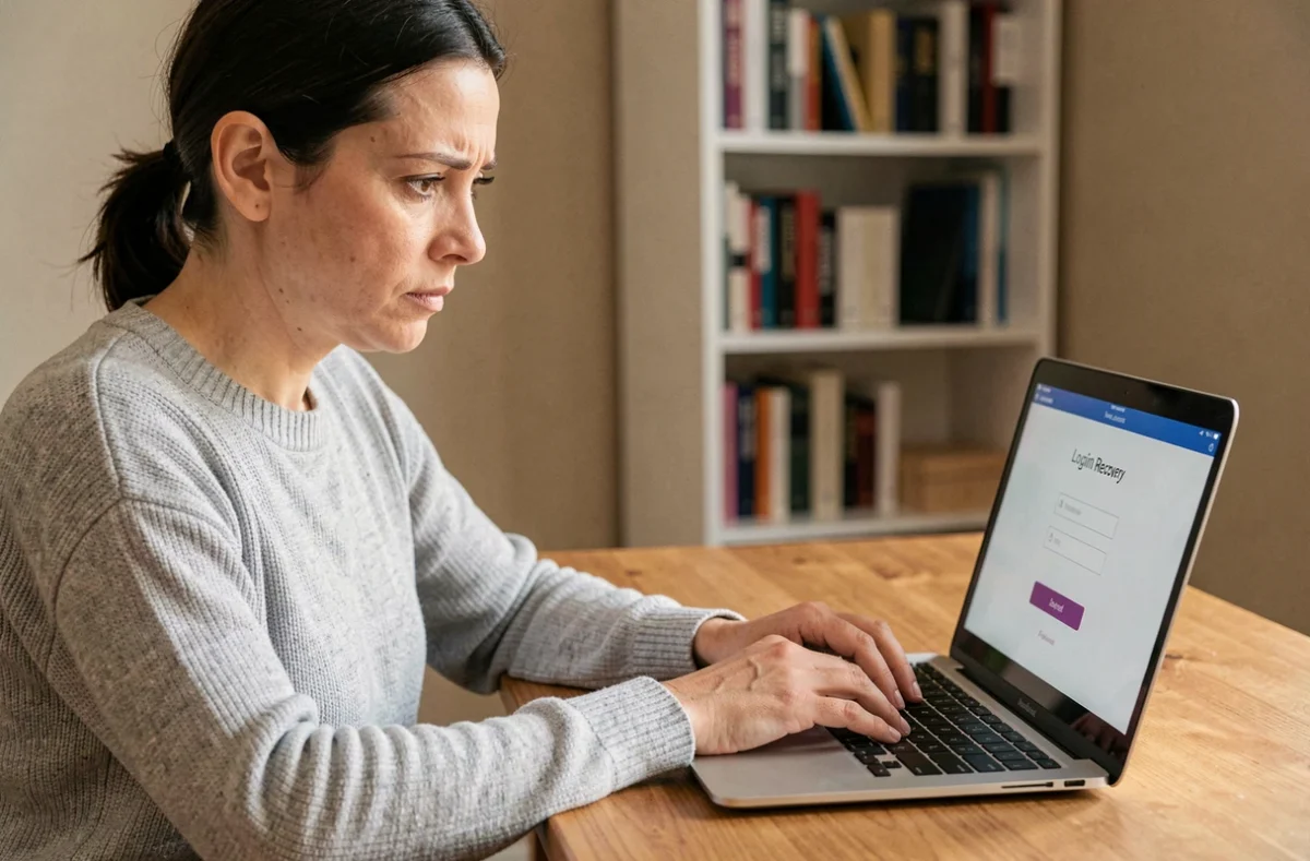 Femme récupérant son identifiant domiwebcmb sur un ordinateur portable depuis son bureau à domicile