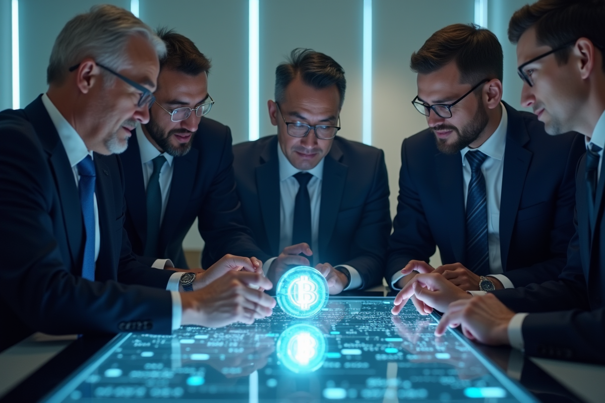 Regulateurs financiers autour d un symbole crypto lumineux