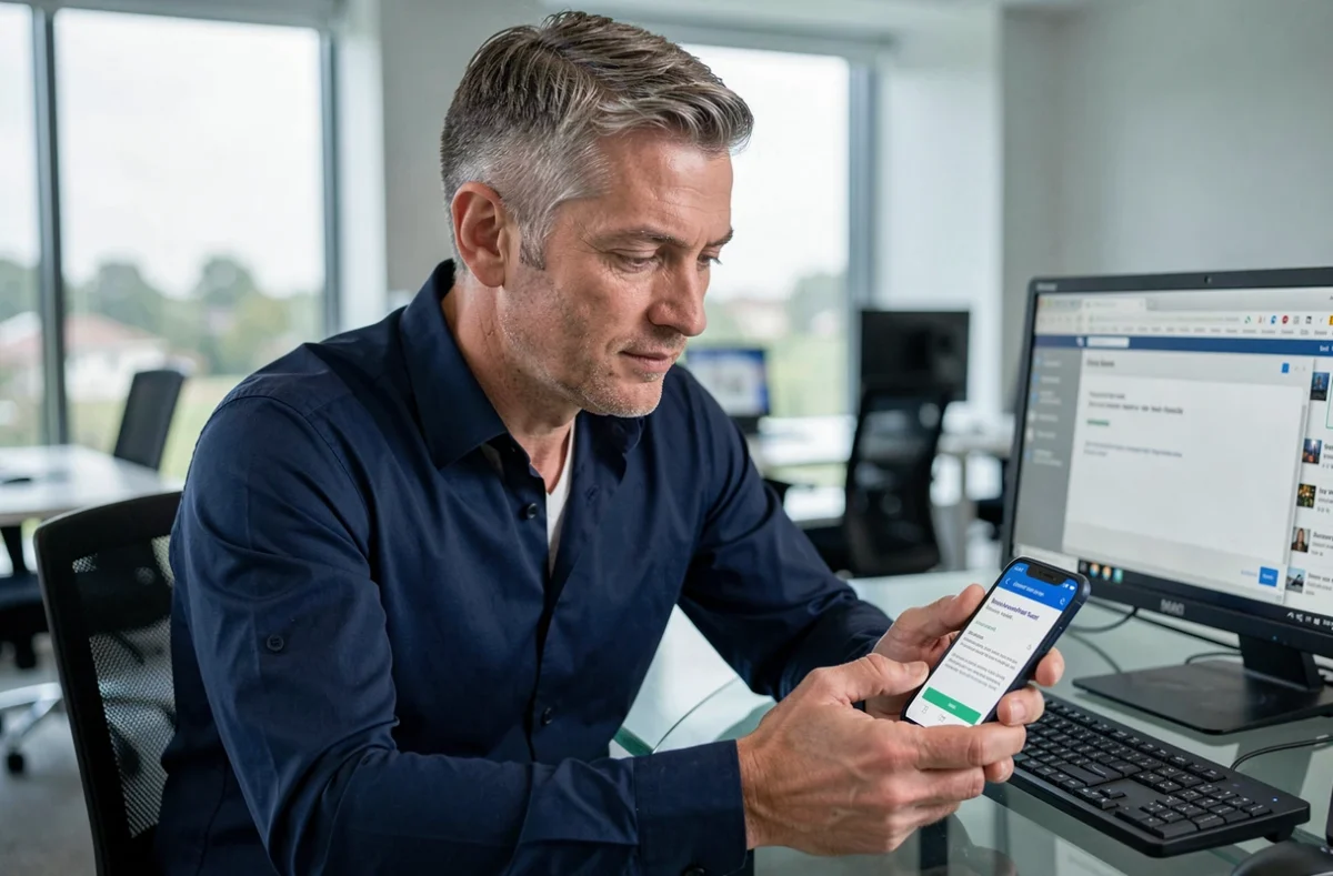Homme consultant un email de réinitialisation de mot de passe domiwebcmb sur son smartphone au bureau
