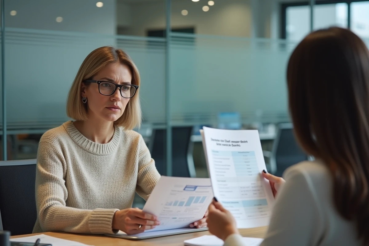 Femme en rendez-vous bancaire examinant un document d'évaluation de crédit avec une expression préoccupée