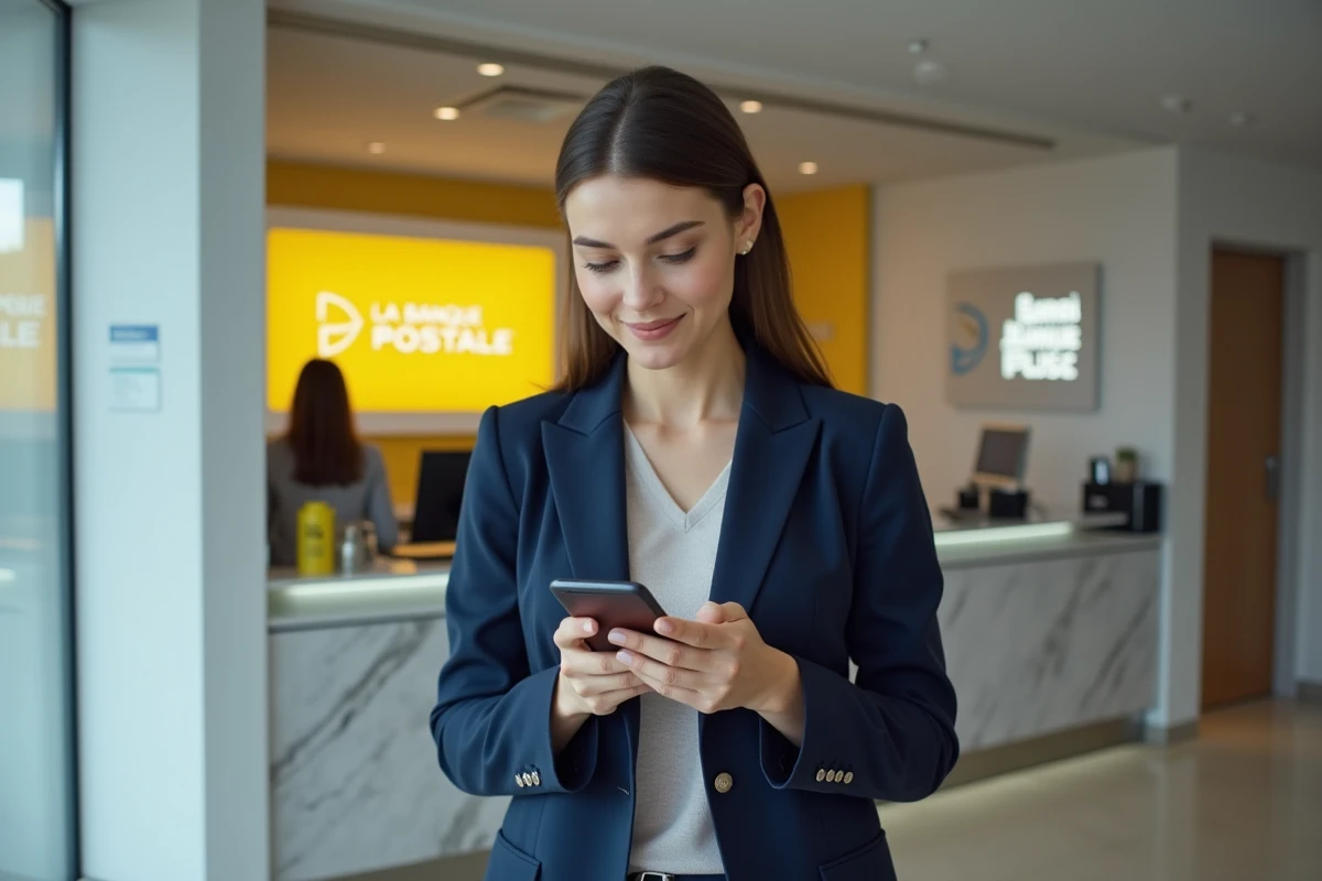 Femme prenant rendez-vous à la Banque Postale via son smartphone dans une agence moderne