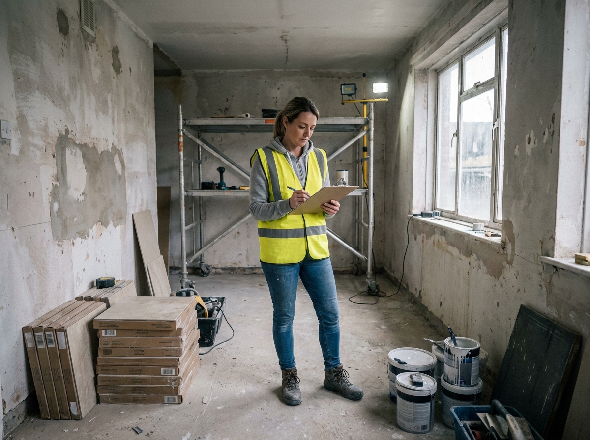 Entrepreneuse en bâtiment consultant un devis de travaux dans un appartement en cours de rénovation pour optimisation fiscale