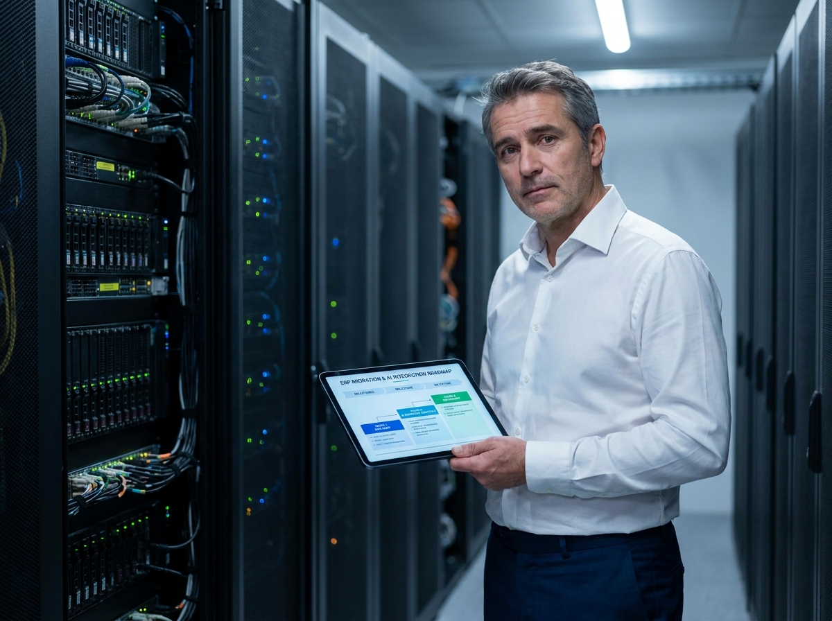 Responsable financier en salle des serveurs consultant une feuille de route de migration ERP intégrant des agents d'intelligence artificielle