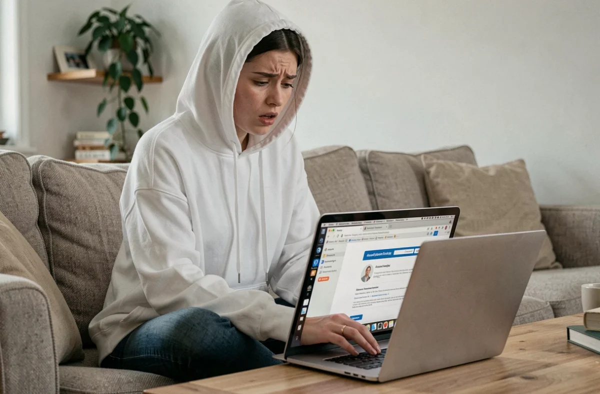 Jeune femme retrouvant son identifiant domiwebcmb sur son ordinateur portable depuis son salon
