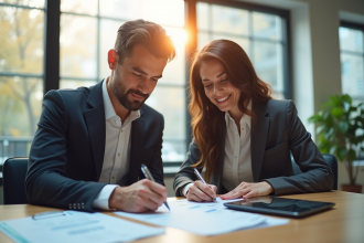 Homme et femme signant des documents financiers dans une banque