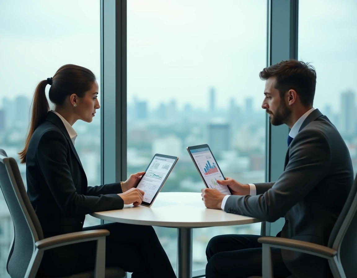 Deux professionnels comparant des documents financiers lors d'une réunion en salle de conférence vitrée, illustrant la comparaison entre Olinda Banque et Qonto pour les entreprises