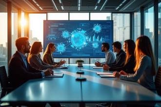 Groupe de professionnels en réunion stratégie avec graphiques