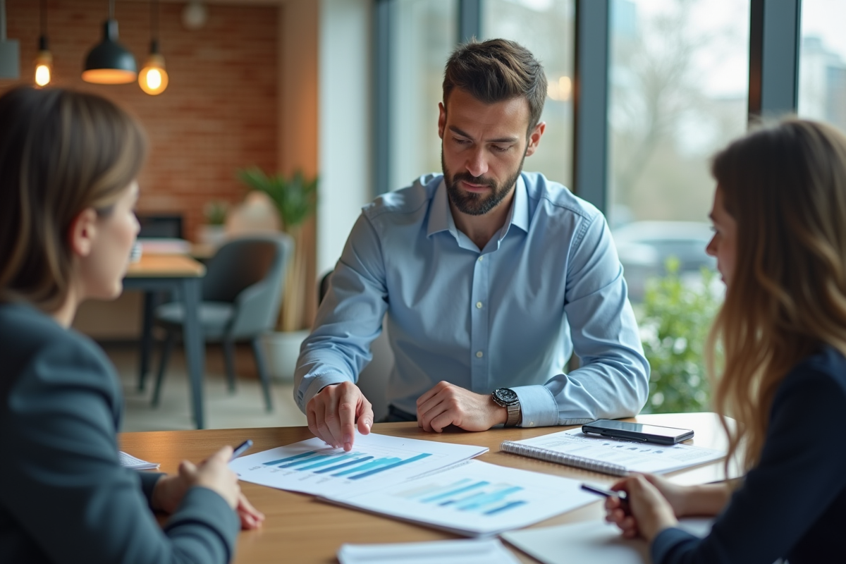 Manager financier pointant un graphique lors d une réunion