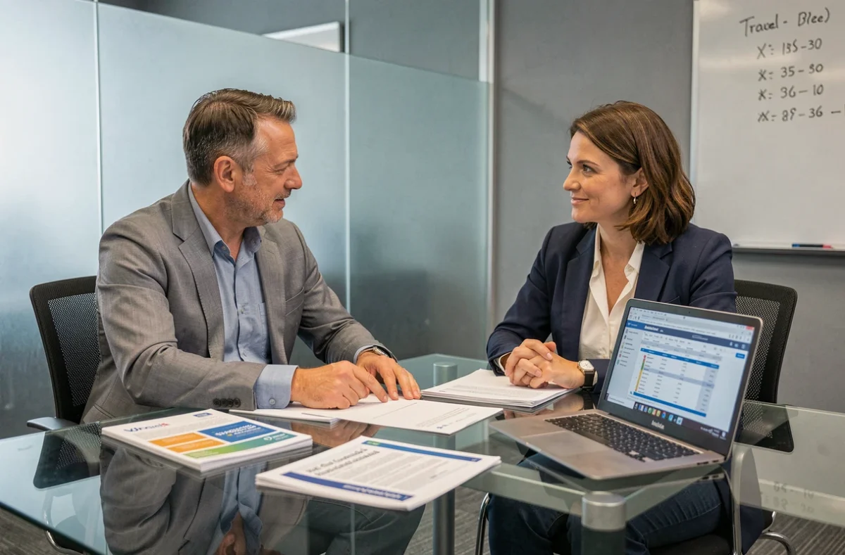 Réunion entre deux professionnels analysant les avantages fiscaux des SCPI logées en assurance-vie dans une salle de réunion moderne