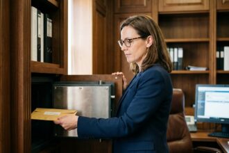 Femme d'affaires rangeant des documents sensibles dans un coffre-fort professionnel intégré à un meuble de bureau