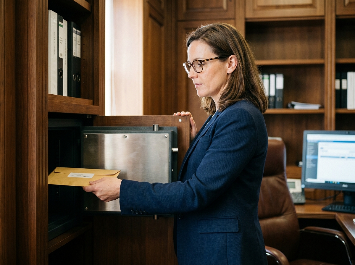 Femme d'affaires rangeant des documents sensibles dans un coffre-fort professionnel intégré à un meuble de bureau