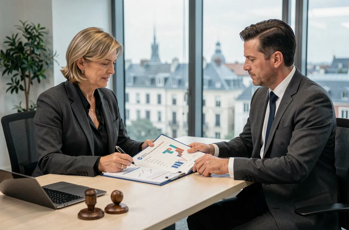 Notaire spécialisée en droit des affaires discutant d'un dossier patrimonial avec un dirigeant d'entreprise dans un bureau moderne