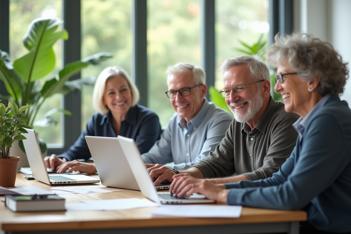 Groupe de seniors travaillant ensemble dans un espace lumineux