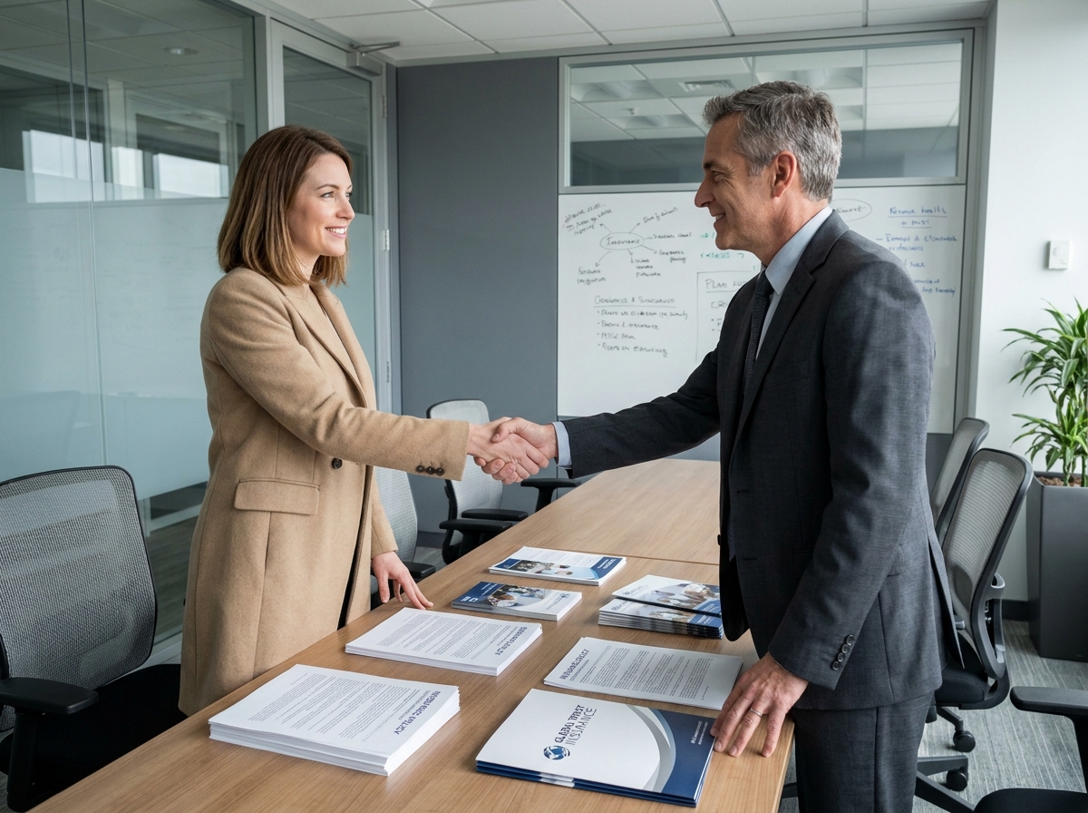 Deux professionnels signant un contrat d'assurance responsabilité civile professionnelle en salle de réunion