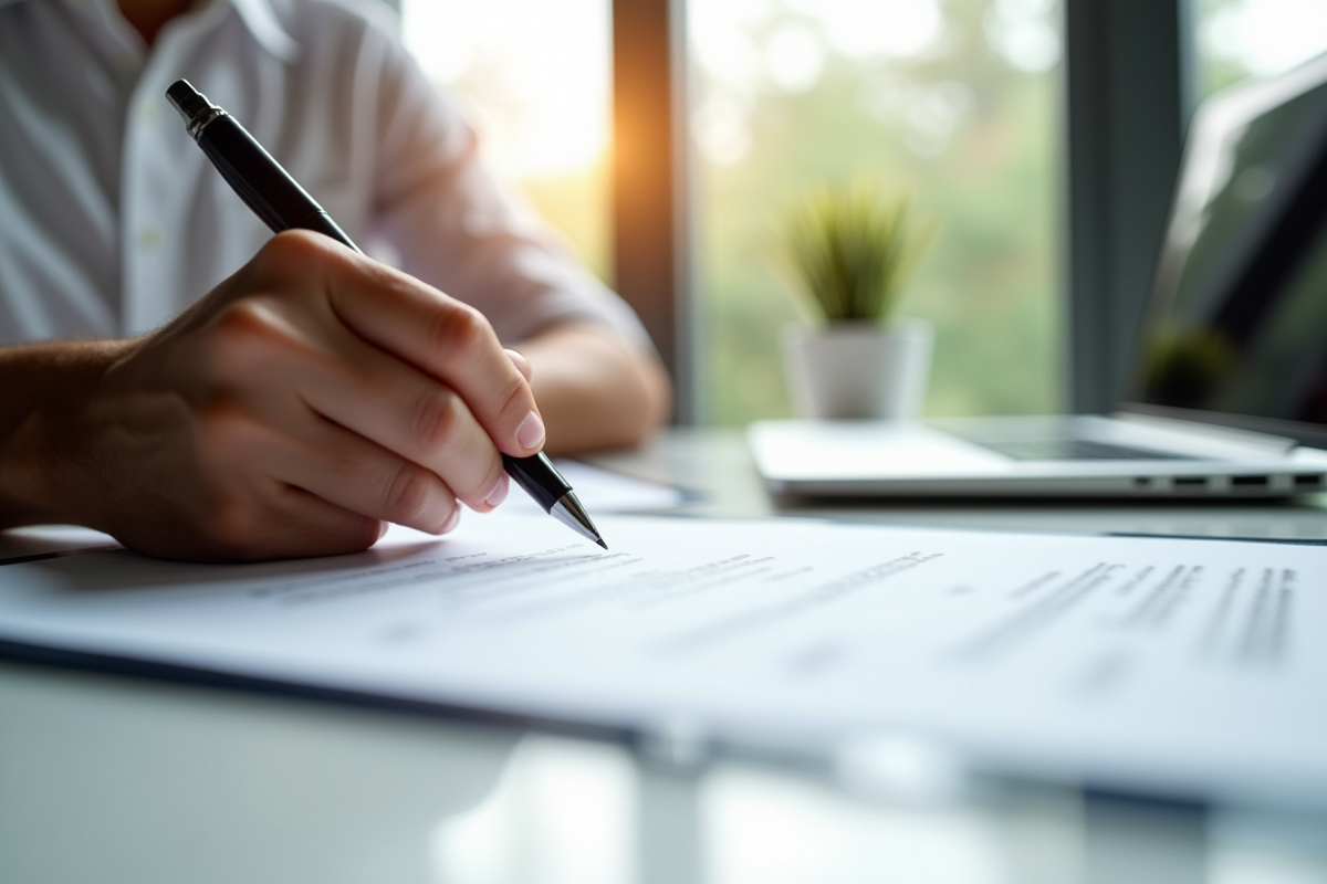 Professionnel signant un contrat de prêt dans un bureau lumineux