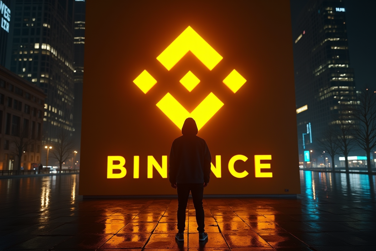Silhouette devant grand logo Binance illuminé la nuit