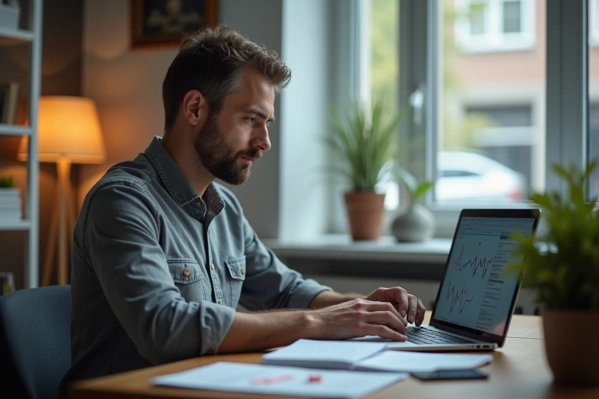 Homme utilisant un simulateur en ligne pour calculer son solde tout compte CDI démission depuis son bureau à domicile
