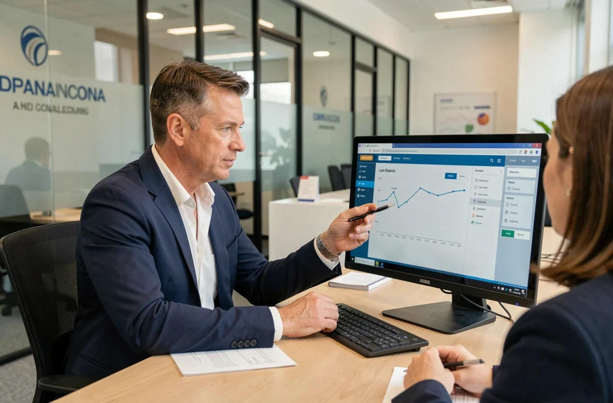 Homme en réunion avec un conseiller bancaire pour analyser une simulation de crédit à la consommation
