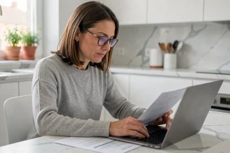Femme consultant une simulation de crédit à la maison sur son ordinateur portable avec des documents imprimés sur la table