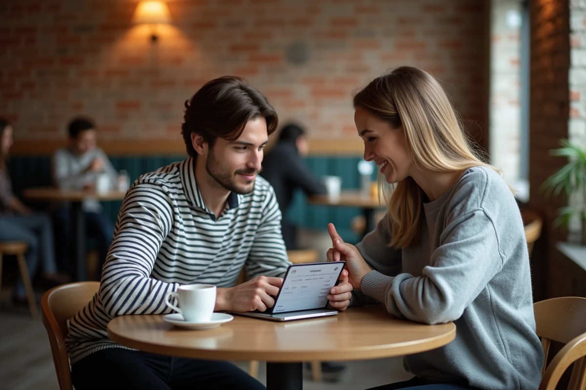 Couple consultant ensemble un relevé de dépenses bancaires sur une tablette dans un café urbain