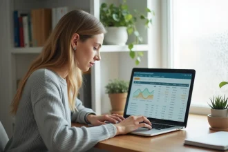 Femme consultant son tableau de bord bancaire en ligne sur un ordinateur portable pour suivre ses dépenses quotidiennes