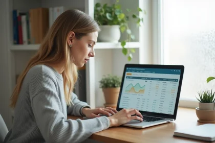 Femme consultant son tableau de bord bancaire en ligne sur un ordinateur portable pour suivre ses dépenses quotidiennes