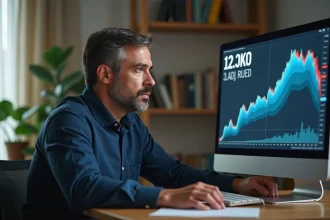 Un homme d'une quarantaine d'années analyse ses performances boursières sur un écran d'ordinateur dans un bureau à domicile moderne