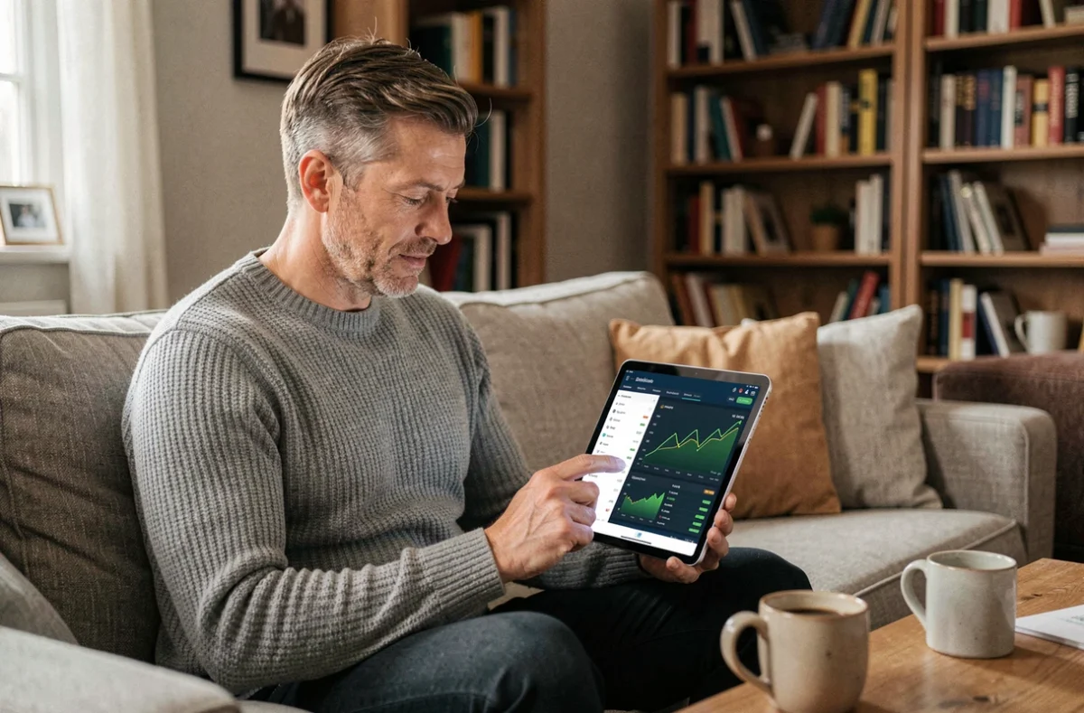 Homme consultant un tableau de bord financier sur une tablette depuis son domicile, représentant l'utilisation d'une plateforme d'épargne et d'investissement en ligne en 2026