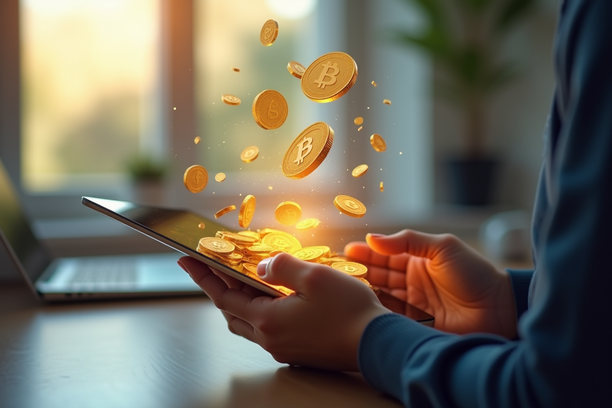 Mains tenant une tablette avec application ewallet et pièces d or flottantes